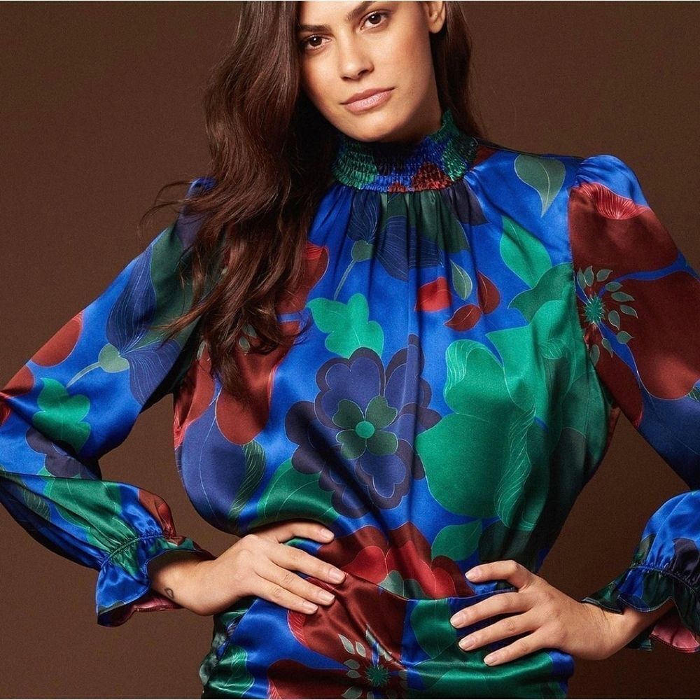 Tucker The Stella Top Cobalt Retro Floral in Stretch Georgette Silk Blouse Smock